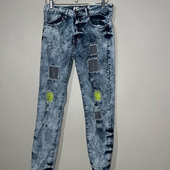 GS 115 Jeans Mens 32x31 Blue Acid Wash Denim Distressed Skinny Leg Destroyed Y2K - Picture 1 of 9
